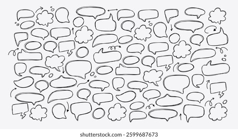 Set of hand drawn speech and thought bubbles. Doodle design with short messages.