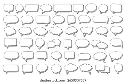 Set of hand drawn speech thought bubbles sketch style crosshatch scribble shading chalkboard doodle theme. comic, educational materials, marketing graphics, creative communication visuals.