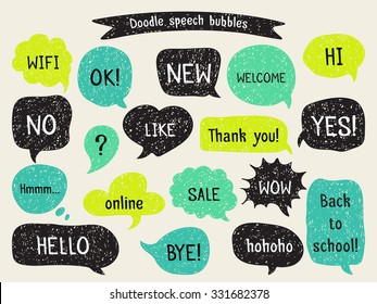 Set of hand drawn speech and thought bubbles. Doodle design with short messages.