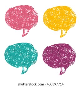 Set of hand drawn speech and thought bubbles. Doodle design with short messages