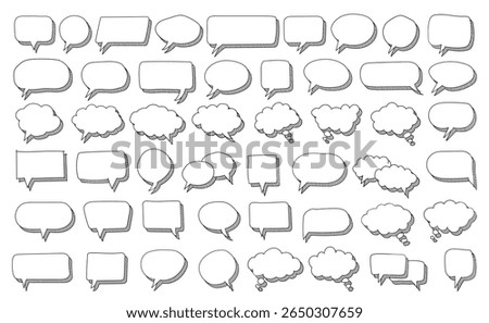 Set of hand drawn speech thought bubbles sketch style crosshatch scribble shading chalkboard doodle theme. comic, educational materials, marketing graphics, creative communication visuals.