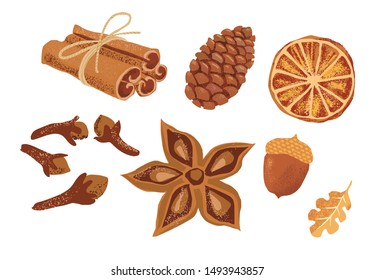 Set of hand drawn spices: cinnamon sticks, cloves, anise star, oak leaf, acorn. Autumn Pumpkin Spice set isolated on white background.  