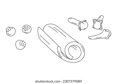 Un conjunto de especias hechas a mano para el vino a la parrilla. Palo de canela, clavos y alspice. Line Art. Sticker. Icono. Aislar. Diseño para afiches, banner, tarjetas de felicitación o invitación, envoltura o web. Vector. Eps