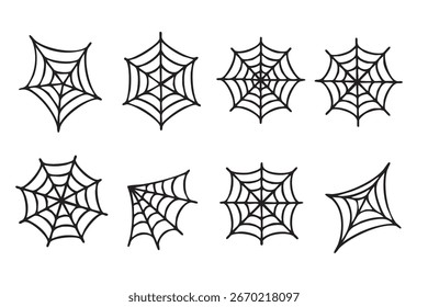 Set of hand drawn spider webs isolated on white background