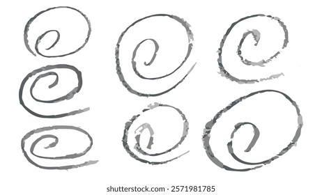 Set of hand drawn spiral, doodle swirl wave symbol, sketch swirl silhouette, collection of spiral and swirl motion brush drawn elements, hypnotic spirals, swirls and circular shapes, grunge chalk