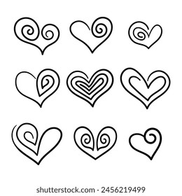 conjunto de corazón de arte de línea espiral dibujado a mano aislado sobre fondo blanco con pluma