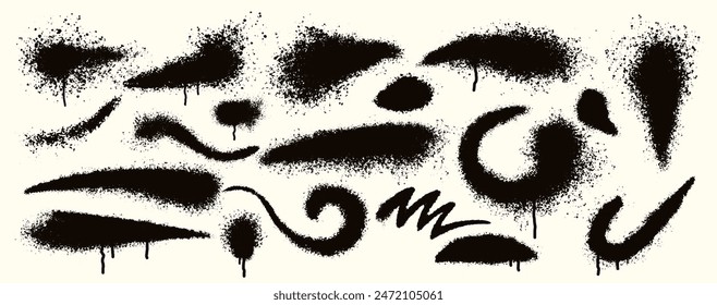 Set of hand drawn splattered black ink particles, drops splashes of paint with drips. Grunge splash effect. Drawn blots, spray strokes. Ink splashes stencil. Vector design elements graffiti spray.