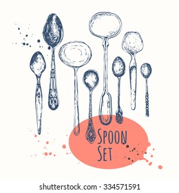 Set of hand drawn spoons. Black and white sketch cutlery. Vector illustration in vintage style.
