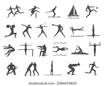 Set of hand drawn sport athlets icons, vector graphic different sport activities: boxing, diving, gymnastics, hockey, judo, marathon, sailing, soccer, swimming, trampoline, triathlon, weightlifting