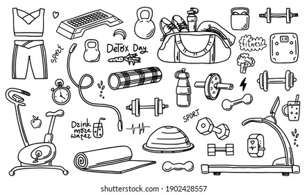 Set of hand drawn sport doodle with ball, bottle, medal, food, diet, fitness and gym elements. Cartoon sketch style. Vector illustration for healthy and activity life design concept.
