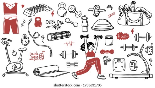 Set of hand drawn sport doodle with ball, bottle, medal, food, diet, fitness and gym elements. Cartoon sketch style. Vector illustration for healthy and activity life design concept.