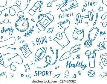 Set of hand drawn sport doodle seamless pattern with ball, bottle, medal, food, diet, fitness, gym elements. Cartoon sketch style background. Vector illustration for healthy and activity life designt.