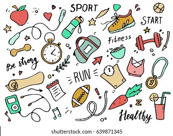 Juego de doodle deportivo hecho a mano con pelota, botella, medalla, comida, dieta, ejercicio de fitness y elementos de gimnasio. Estilo de dibujo animado. Ilustración vectorial para el concepto de vida saludable y de actividad.    