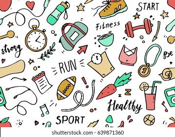 Set of hand drawn sport doodle seamless pattern with ball, bottle, medal, food, diet, fitness, gym elements. Cartoon sketch style background. Vector illustration for healthy and activity life design.