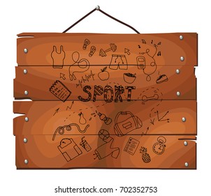 Set of hand drawn sport doodle on wooden plank background. Cartoon sketch style. healthy and activity life design concept. Vector illustration.