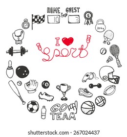 set of hand drawn sport doodles on white background