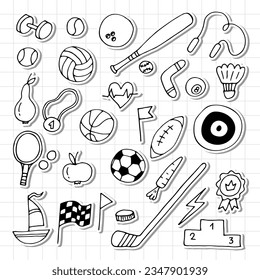 Set of hand drawn sport elements. Sport equipments icons collection. Fitness, healthy lifestyle. Vector illustration