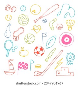 Set of hand drawn sport elements. Sport equipments icons collection. Fitness, healthy lifestyle. Vector illustration