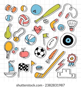 Set of hand drawn sport elements. Sport equipments icons collection. Fitness, healthy lifestyle. Vector illustration