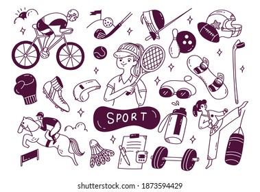 Set of hand drawn sport equipment, athlete related object