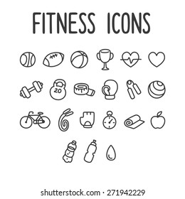 Set Of Hand Drawn Sport And Fitness Line Icons.