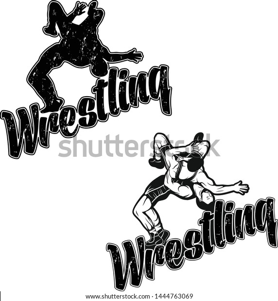 Set of hand drawn sport logos, badges, labels.\
Freestyle Wrestling Illustration. Silhouette. Winner of tournament.\
Illustrations for t shirt print. Grunge style. Template for your\
poster or gym design