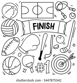 Set of hand drawn sport theme isolated on white background, doodle set of sport theme. Vector illustration