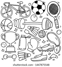 Set of hand drawn sport theme isolated on white background, doodle set of sport theme. Vector illustration