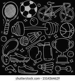 Set of hand drawn sport theme isolated on black background, doodle set of sport theme. Vector illustration
