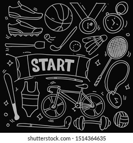 Set of hand drawn sport theme isolated on black background, doodle set of sport theme. Vector illustration