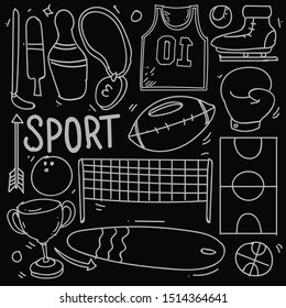 Set of hand drawn sport theme isolated on black background, doodle set of sport theme. Vector illustration