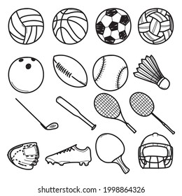 Set of hand drawn sports doodle icons with balls. Cartoon sketch style. Vector illustration for healthy living and activity design concept.