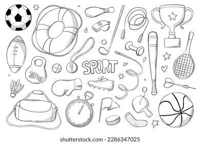 Set of hand drawn sports and fitness doodles, cartoon elements, clip art. Good for stickers, prints, banners, coloring book, planners, etc. EPS 10