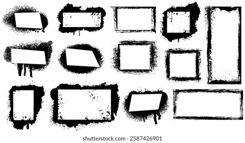 Set of hand drawn spray paint frames for text box. Airbrush ink dot banner. Grunge background. Vector isolated illustration.