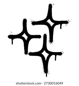 Set of hand drawn spray paint star sparkles or twinkles in graffiti style. Black spray texture with drip effect on white background. Vector street art element for Y2K, streetwear, and urban designs.