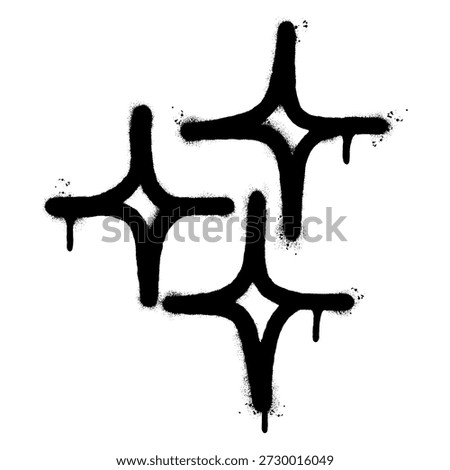 Set of hand drawn spray paint star sparkles or twinkles in graffiti style. Black spray texture with drip effect on white background. Vector street art element for Y2K, streetwear, and urban designs.