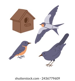 Set of hand drawn spring birds and birdhouse. Spring concept. Sketchy hand drawn elements on white background. Ideal for decoration, stickers, greetings, banner and background