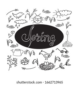 Set of hand drawn spring doodle illustration with flowers, birds, bugs, clouds. Spring elements for seasonal design, greeting cards, stickers or posters. Sketch vector elements on white background