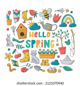 set of hand drawn spring doodles isolated on white background. Good for stickers, pritns, icons, scrapbooking, planners, cards, stationary, etc. EPS 10