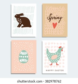Set of hand drawn spring, easter cards with artistic textured background, vector illustrations