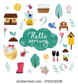 
Set of hand drawn spring elements isolated on white background. Easter design with hand lettering hello spring. Vector illustration