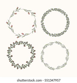 Set of hand drawn spring floral wreaths with leaves, flowers, berries. Round frames. Creative decorative elements. Perfect for valentines day, stickers, wedding, birthday, save the date invitation.