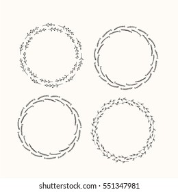 Set of hand drawn spring floral wreaths with leaves, flowers, berries. Round frames. Creative decorative elements. Perfect for valentines day, stickers, wedding, birthday, save the date invitation.