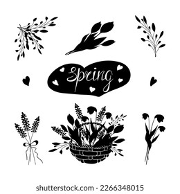 Set of hand drawn Spring Flowers black Silhouette with lettering. Spring doodle clipart silhouette - Woven Basket, tulip, hyacinth, snowdrop. Isolated on white background.