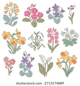 Conjunto de flores de primavera desenhadas à mão em fundo isolado. Snowdrop, croco, jacinto, prímula, narcisos, bluebell e violeta.