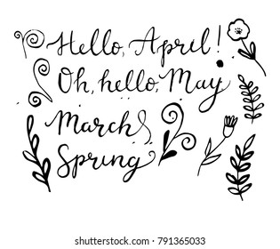 Set of hand drawn spring phrases. Hand made modern calligraphy for your design.
