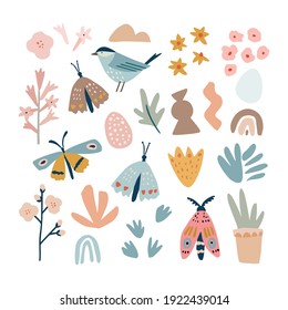 Set of hand drawn spring or summer nature elements, animals. Colorful flowers, butterflies and moth. Abstract shapes, rainbow  and bird. Flat modern kids design. Isolated vector illustrations, icons