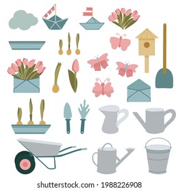 Set of hand drawn spring and summer garden elements. Isolated objects on a white background. Gardening tools, butterflies, tulip flower pots, paper boats, envelope, birdhouse.
