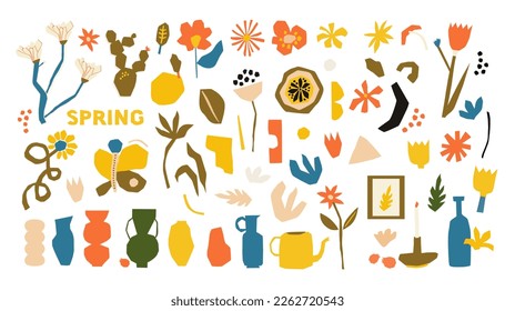 Set of hand drawn spring or summer nature retro elements. Colorful flowers, butterflies and vases. Abstract shapes. Flat modern kids design. Vector illustrations, icons.