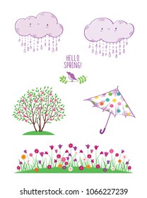 Set of hand drawn spring tree, flowers, umbrella and clouds. Vector illustration.